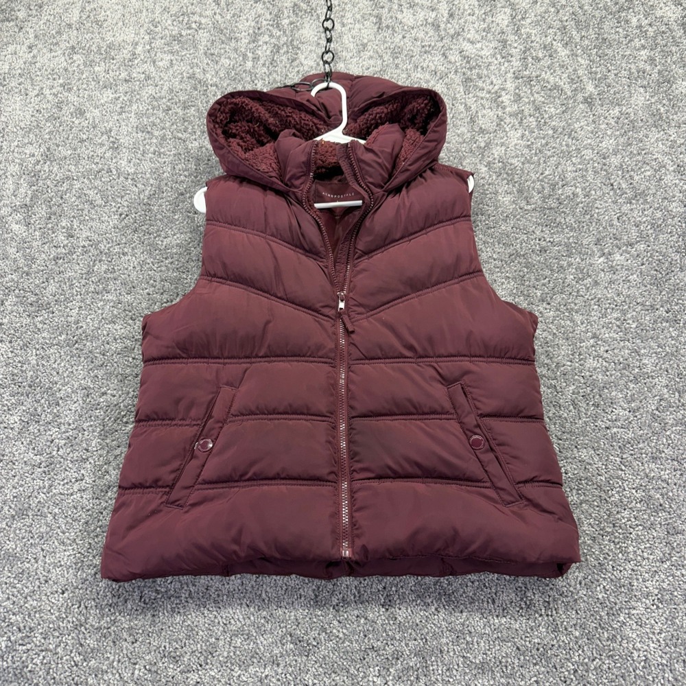 Aeropostale Puffer Vest Womens Large Maroon Sherpa Lined Hooded Full Zip Pockets